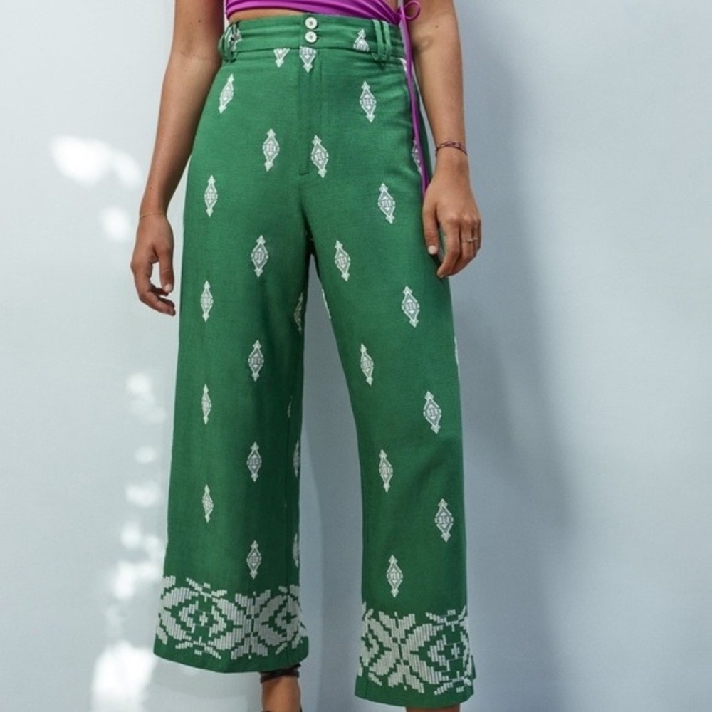 Zara Green Embroidered Linen Blend Wide Leg Pants Boho Coastal Resort XL d5
